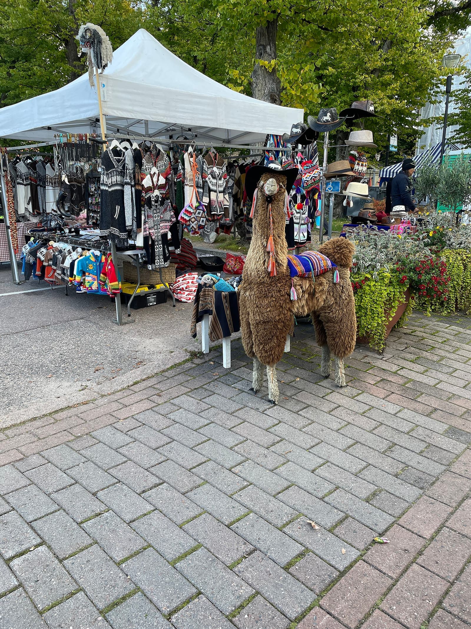 Feira com barracas de produtos coloridos